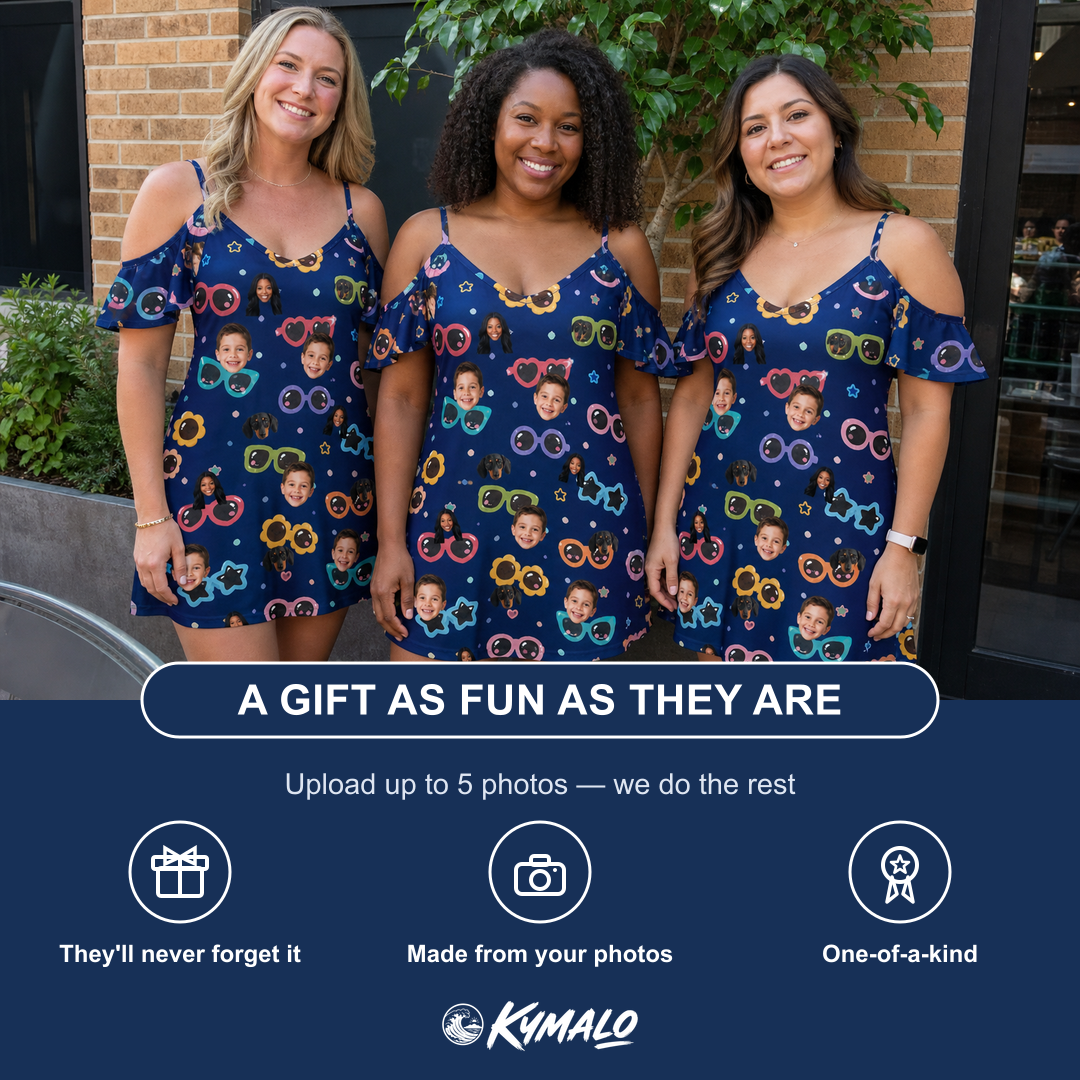 Friends in matching Women's Ray Reunion Custom Face Off-Shoulder Dress — a group gift photo