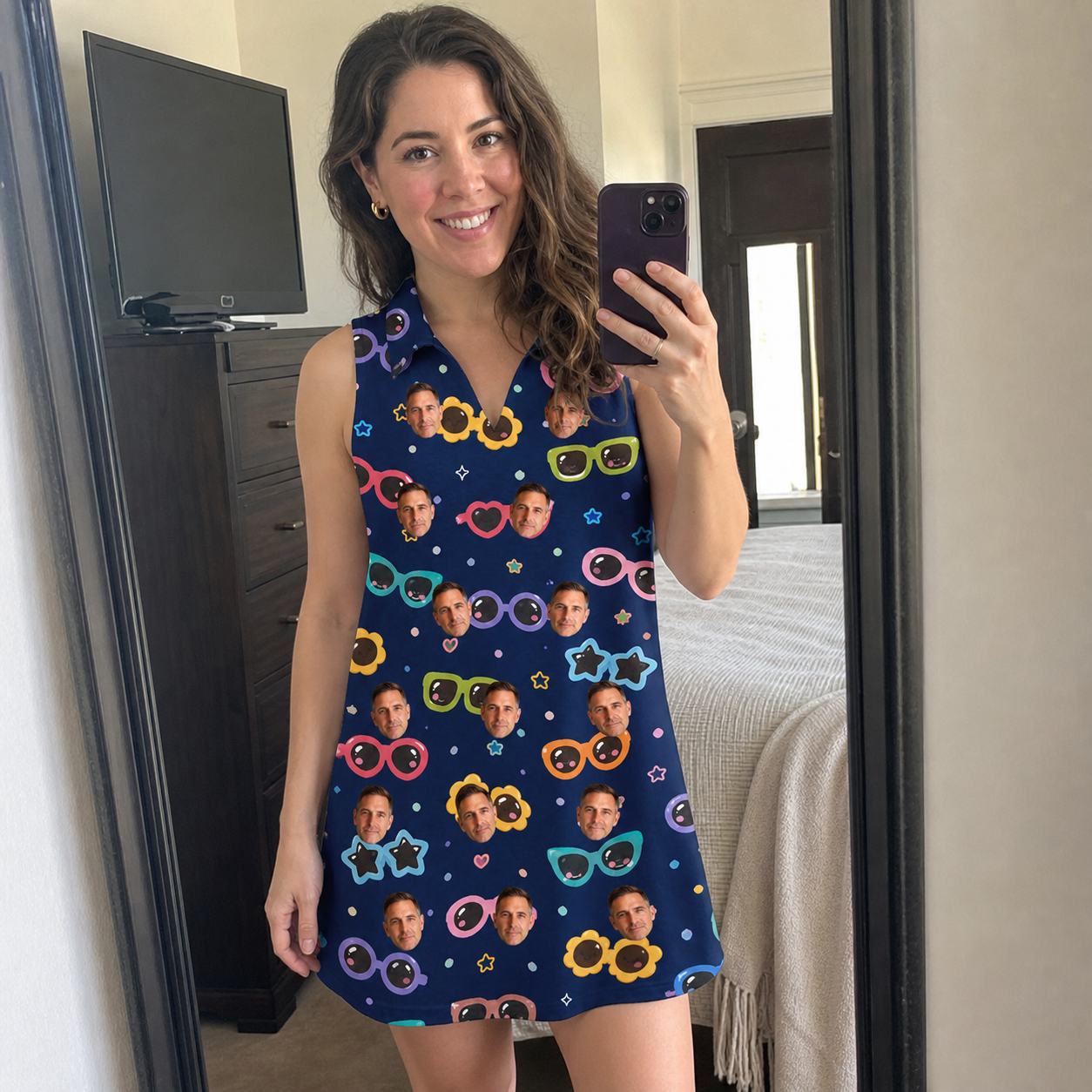 Real-life photo of someone wearing Women's Ray Reunion Custom Face V-Neck Dress — custom faces printed all-over