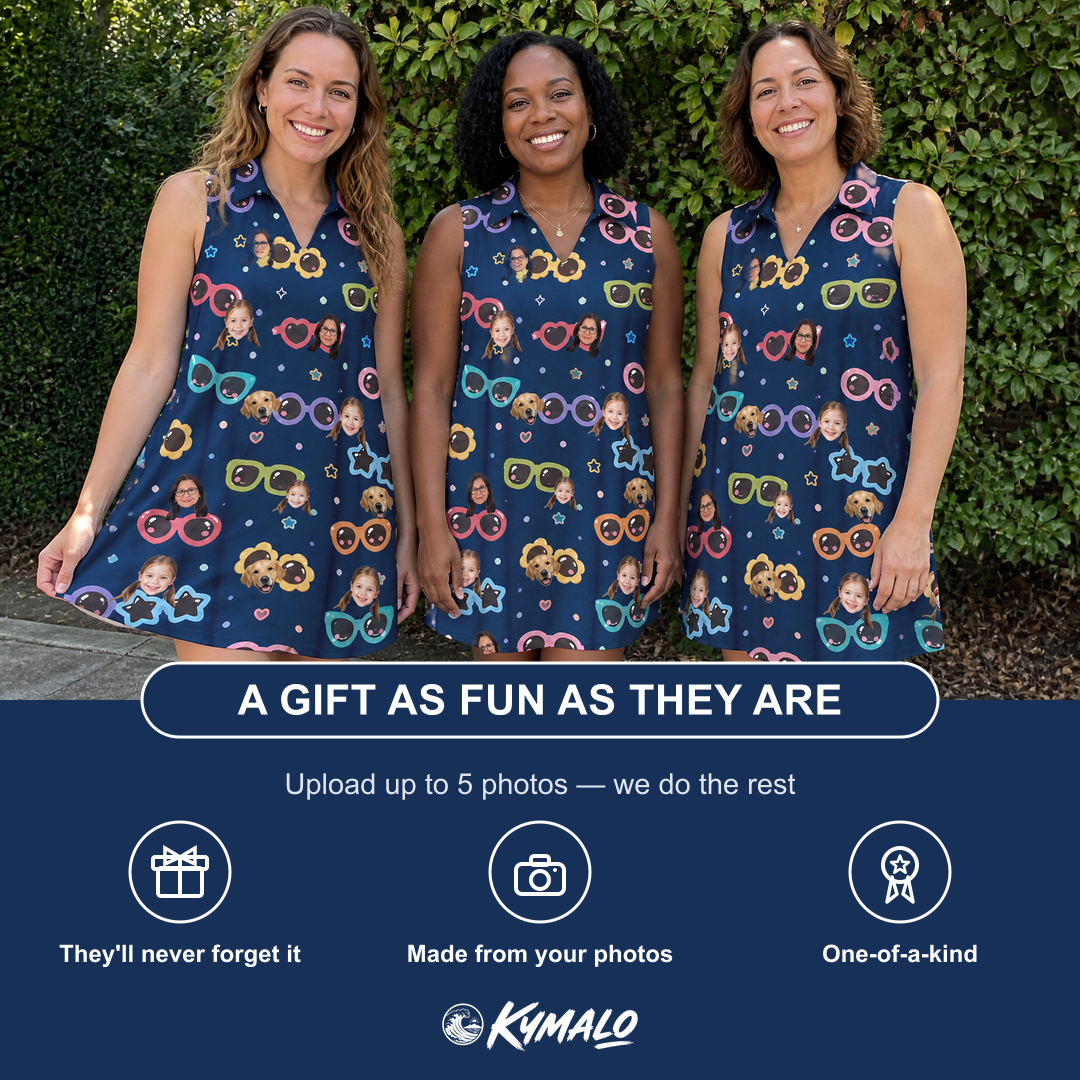 Friends in matching Women's Ray Reunion Custom Face V-Neck Dress — a group gift photo