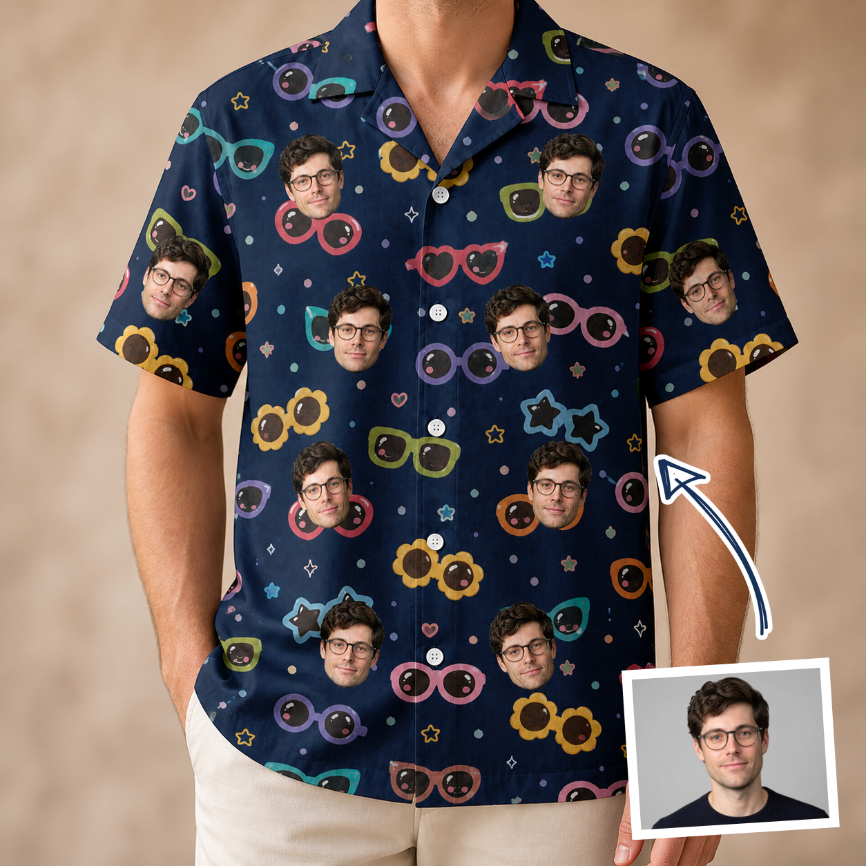 Man wearing Men's Ray Reunion Custom Face Hawaiian Shirt — custom faces printed all-over