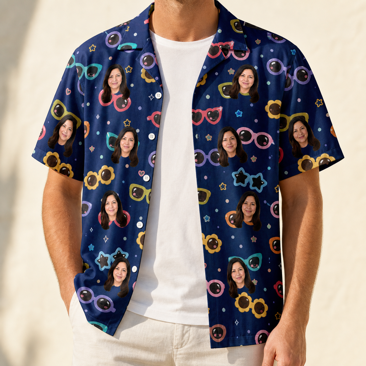 Man wearing Men's Ray Reunion Custom Face Hawaiian Shirt open over a white tee