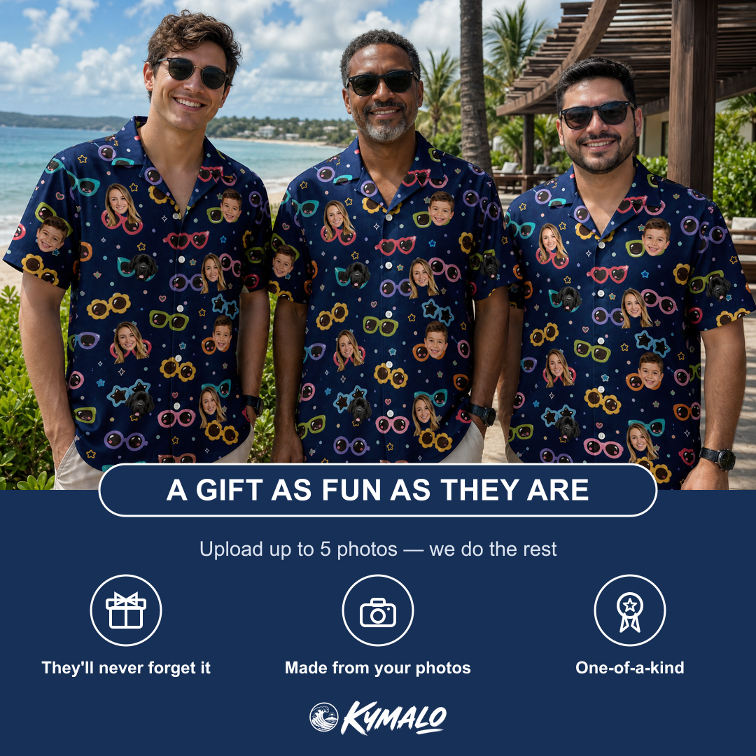 Friends in matching Men's Ray Reunion Custom Face Hawaiian Shirt — a group gift photo