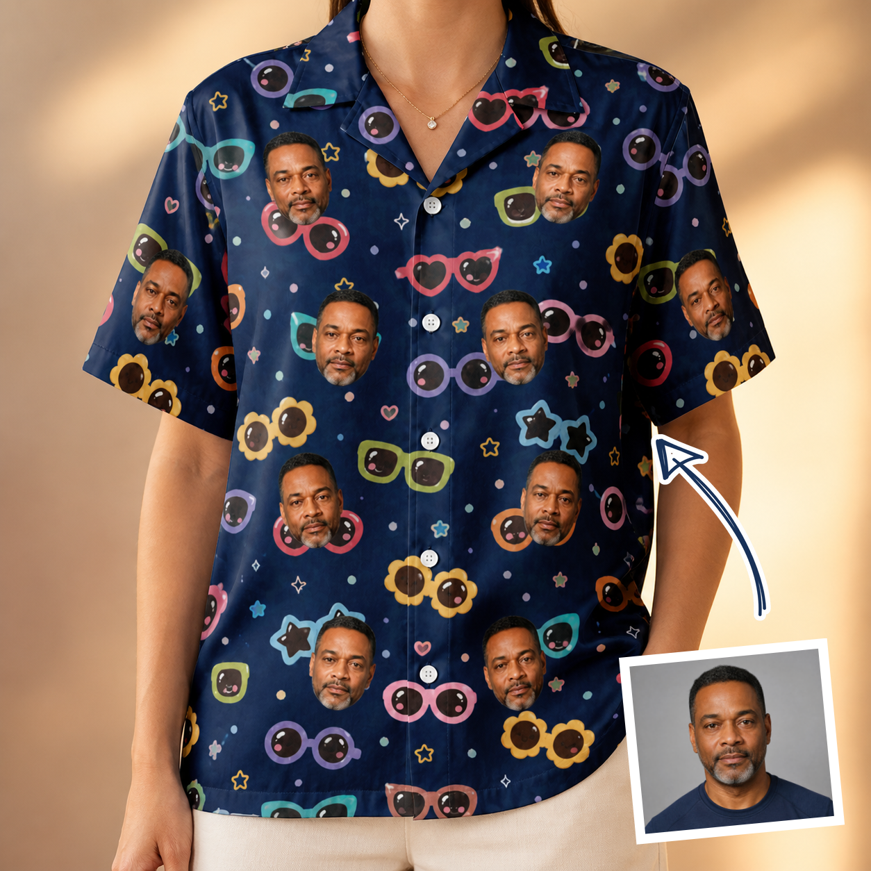 Woman wearing Women's Ray Reunion Custom Face Hawaiian Shirt — custom faces printed all-over