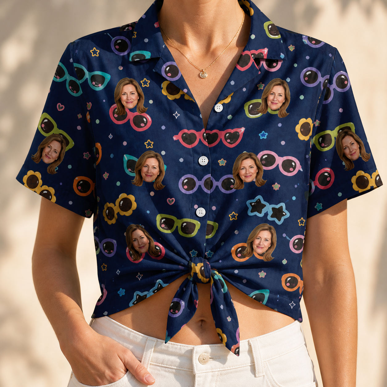 Woman wearing Women's Ray Reunion Custom Face Hawaiian Shirt tied at the waist