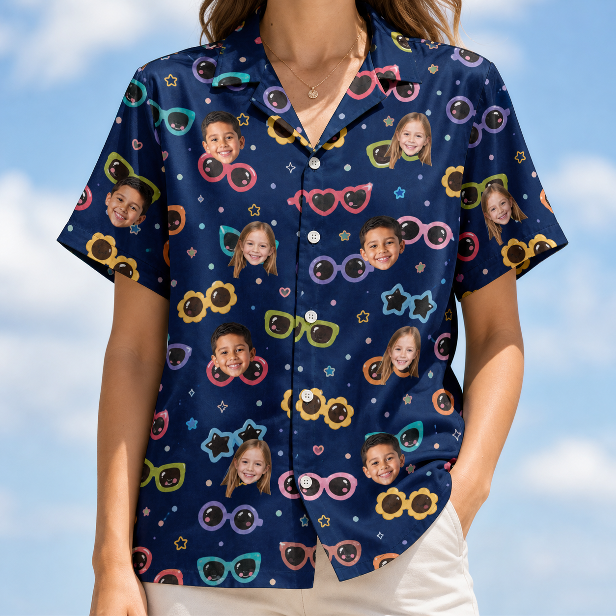 Model wearing Women's Ray Reunion Custom Face Hawaiian Shirt printed with kids' faces