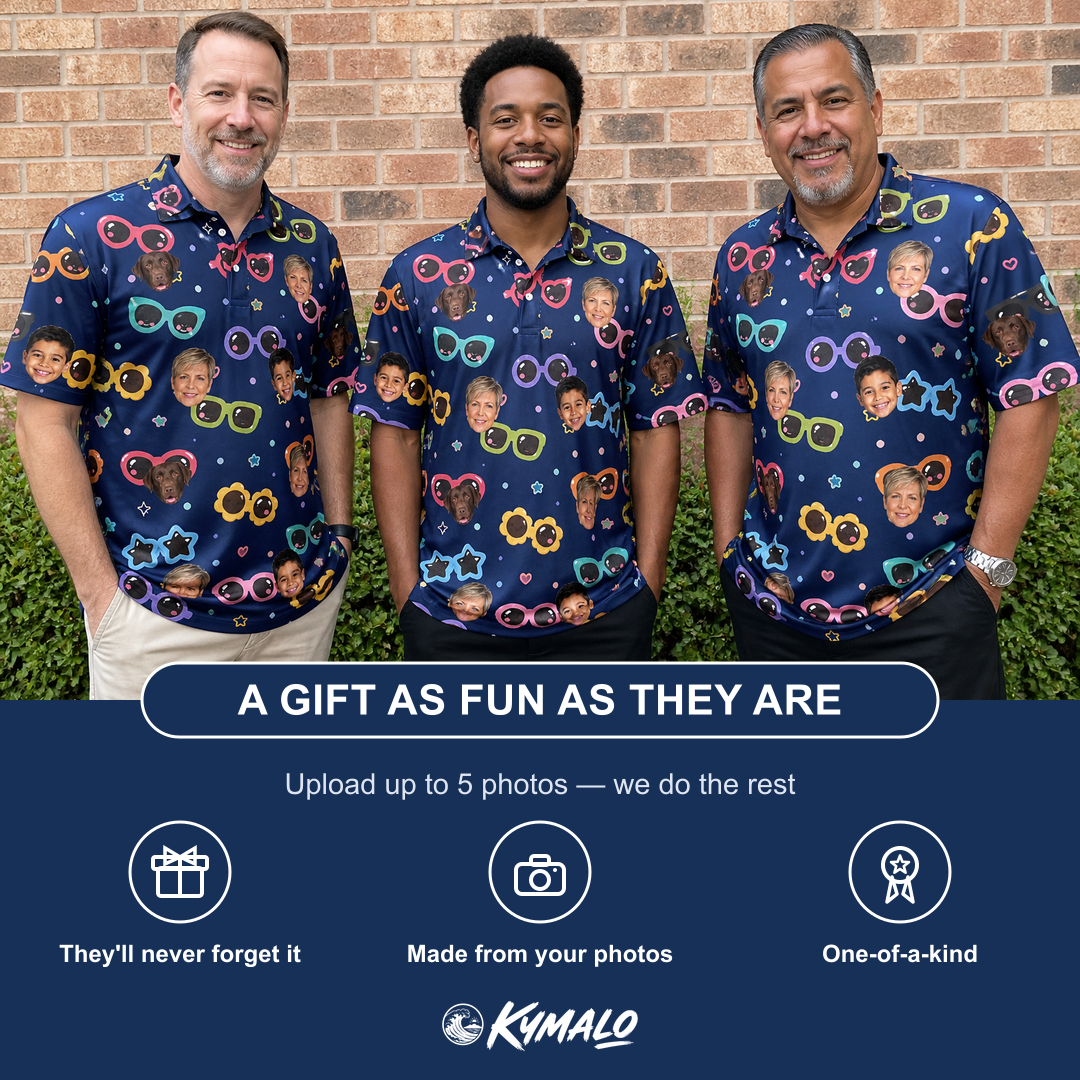Friends in matching Men's Ray Reunion Custom Face Polo Shirt — a group gift photo