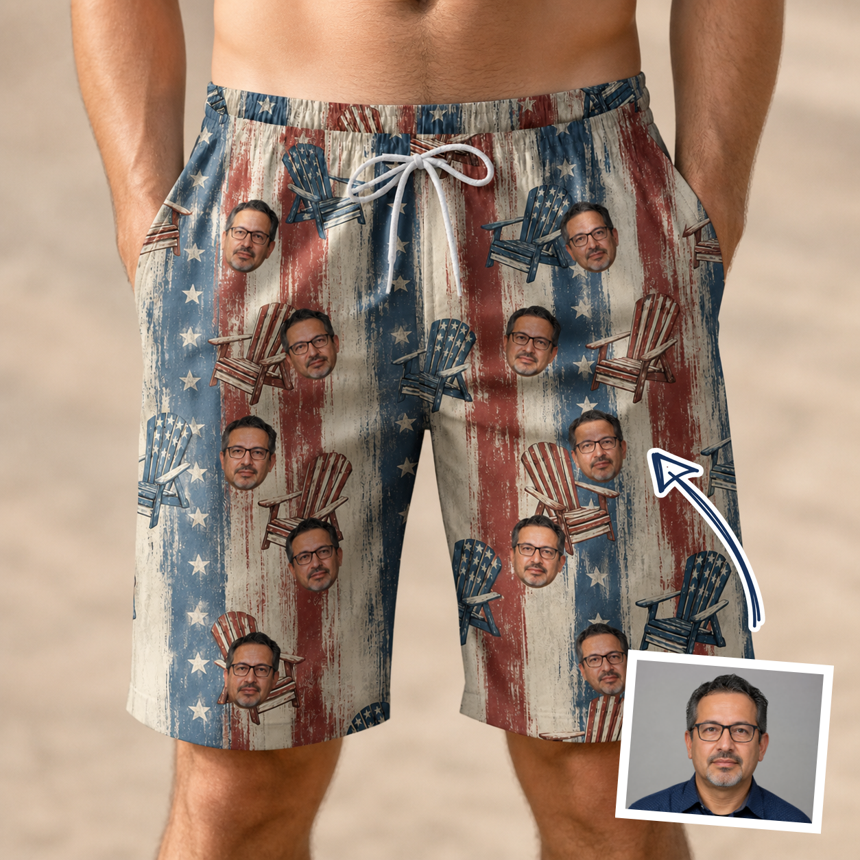 Man wearing Men's Deckchair Daydream Custom Face Beach Shorts — custom faces printed all-over