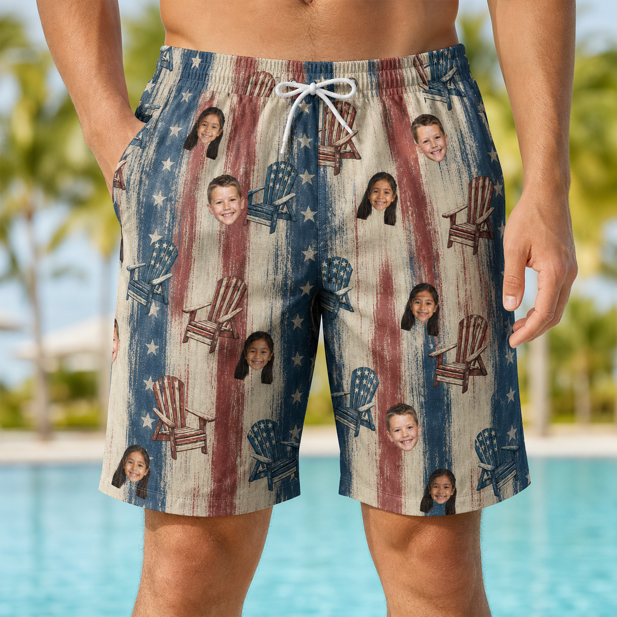 Model wearing Men's Deckchair Daydream Custom Face Beach Shorts printed with kids' faces
