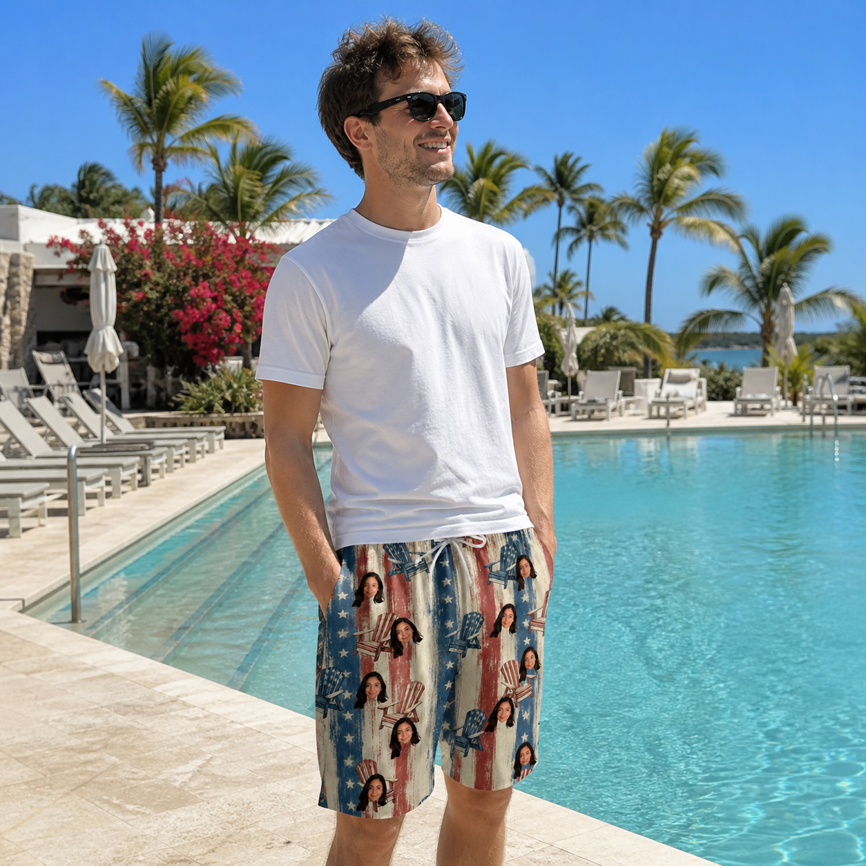 Real-life photo of someone wearing Men's Deckchair Daydream Custom Face Beach Shorts — custom faces printed all-over