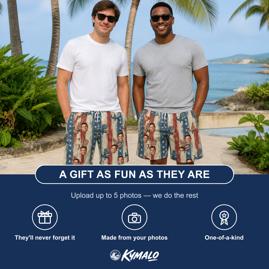Friends in matching Men's Deckchair Daydream Custom Face Beach Shorts — a group gift photo