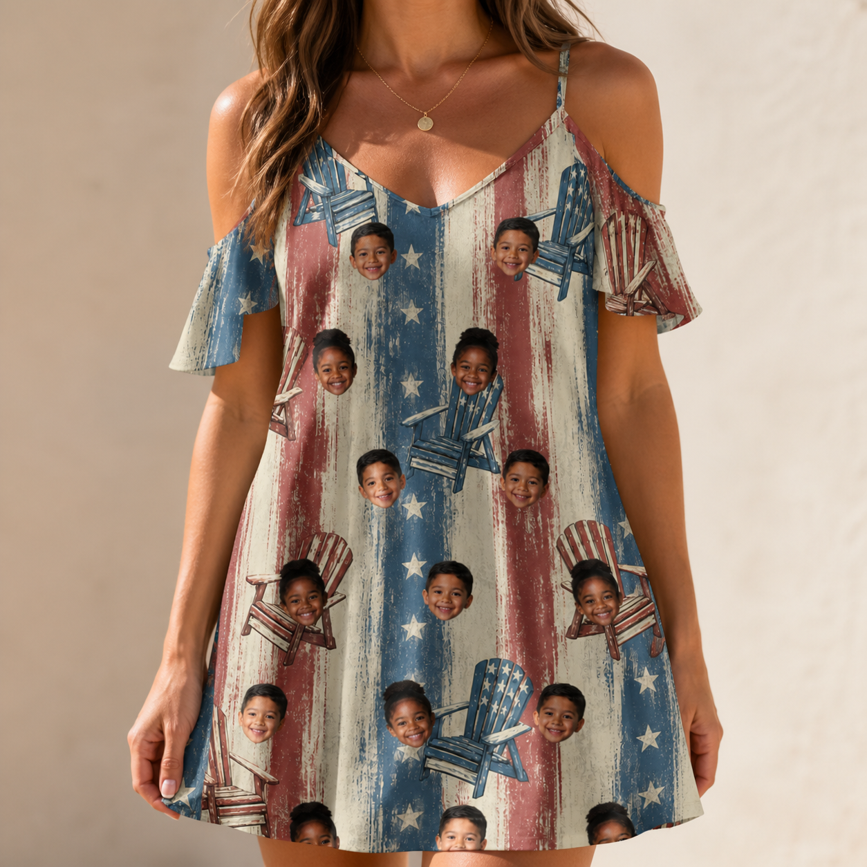 Model wearing Women's Deckchair Daydream Custom Face Off-Shoulder Dress printed with kids' faces