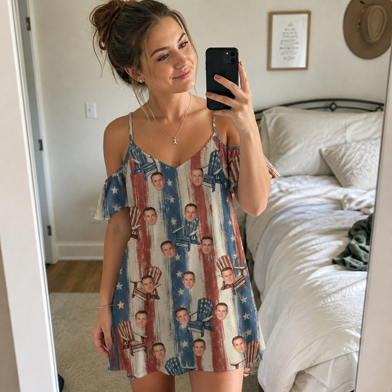 Real-life photo of someone wearing Women's Deckchair Daydream Custom Face Off-Shoulder Dress — custom faces printed all-over