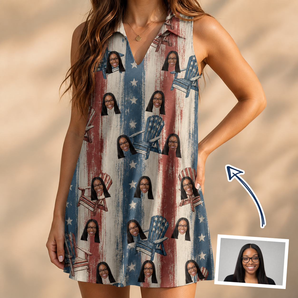 Woman wearing Women's Deckchair Daydream Custom Face V-Neck Dress — custom faces printed all-over