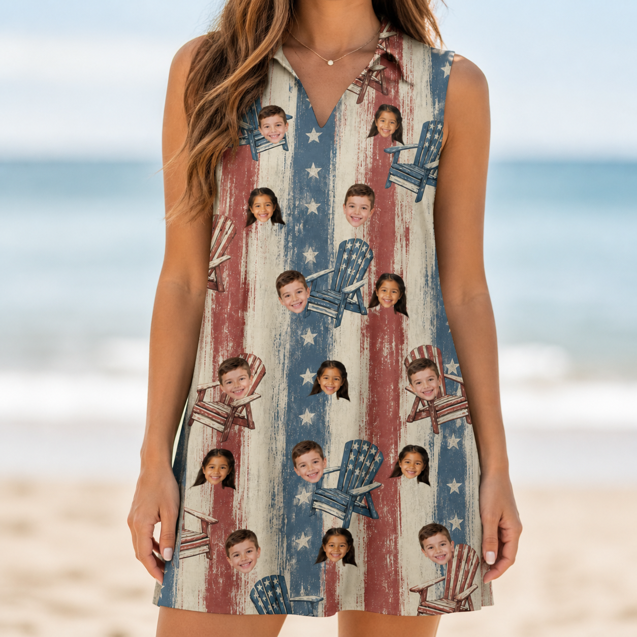 Model wearing Women's Deckchair Daydream Custom Face V-Neck Dress printed with kids' faces