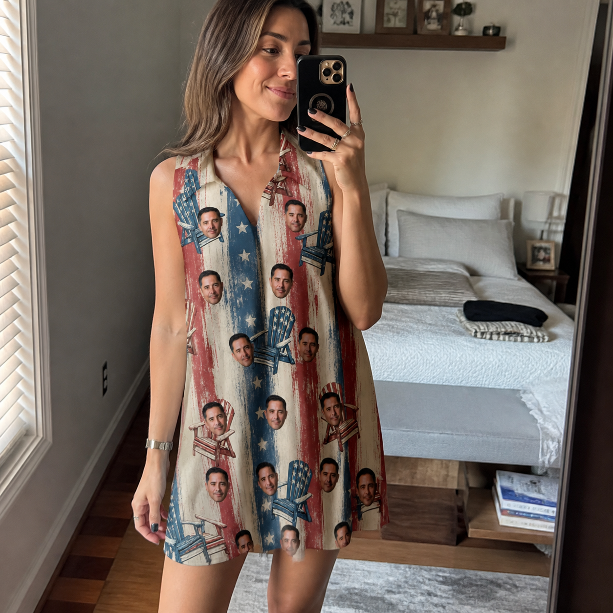 Real-life photo of someone wearing Women's Deckchair Daydream Custom Face V-Neck Dress — custom faces printed all-over