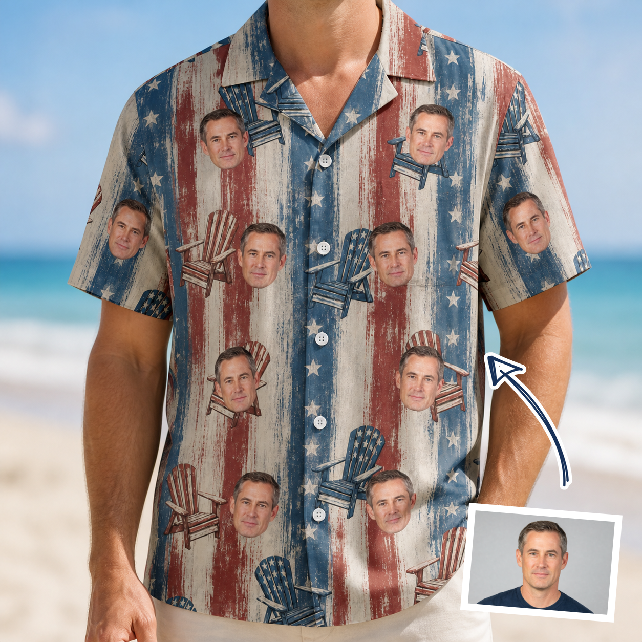 Man wearing Men's Deckchair Daydream Custom Face Hawaiian Shirt — custom faces printed all-over