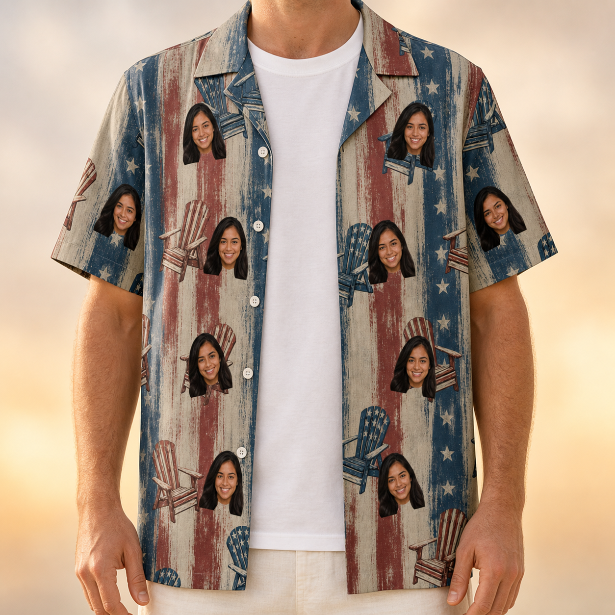 Man wearing Men's Deckchair Daydream Custom Face Hawaiian Shirt open over a white tee