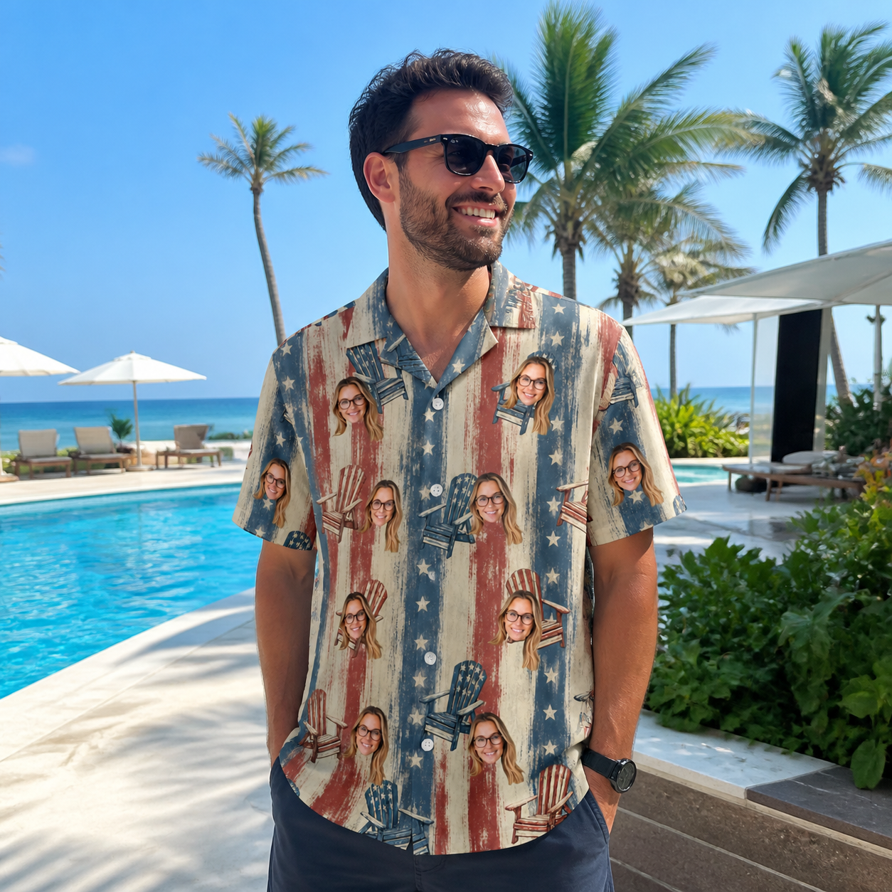Real-life photo of someone wearing Men's Deckchair Daydream Custom Face Hawaiian Shirt — custom faces printed all-over