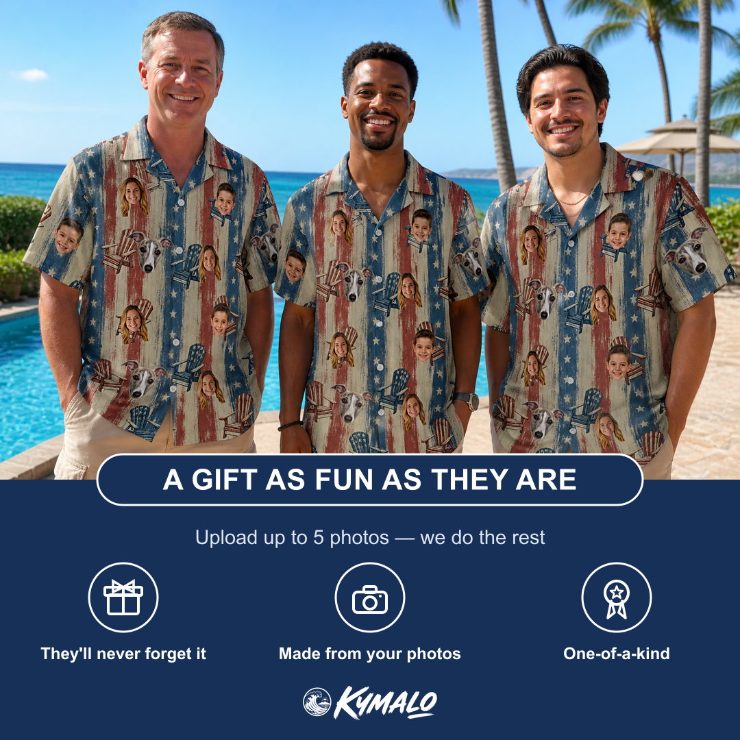 Friends in matching Men's Deckchair Daydream Custom Face Hawaiian Shirt — a group gift photo