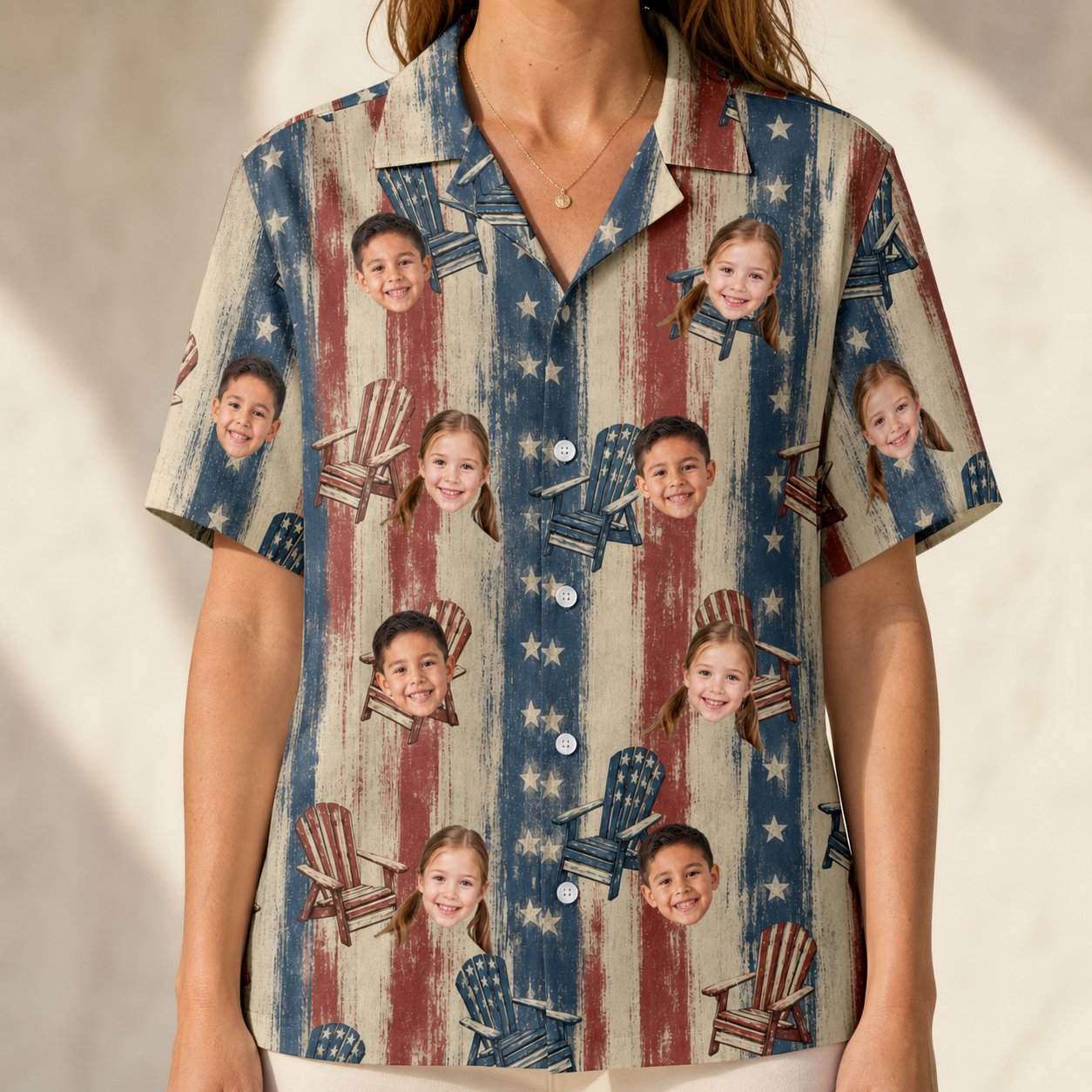 Model wearing Women's Deckchair Daydream Custom Face Hawaiian Shirt printed with kids' faces