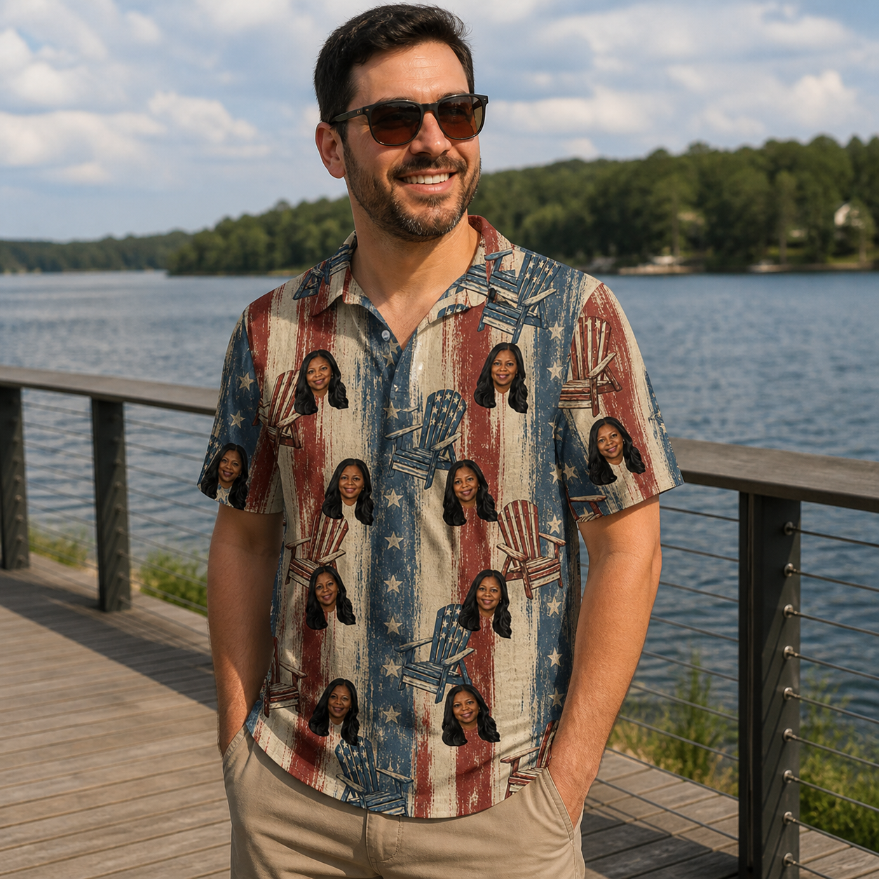 Real-life photo of someone wearing Men's Deckchair Daydream Custom Face Polo Shirt — custom faces printed all-over