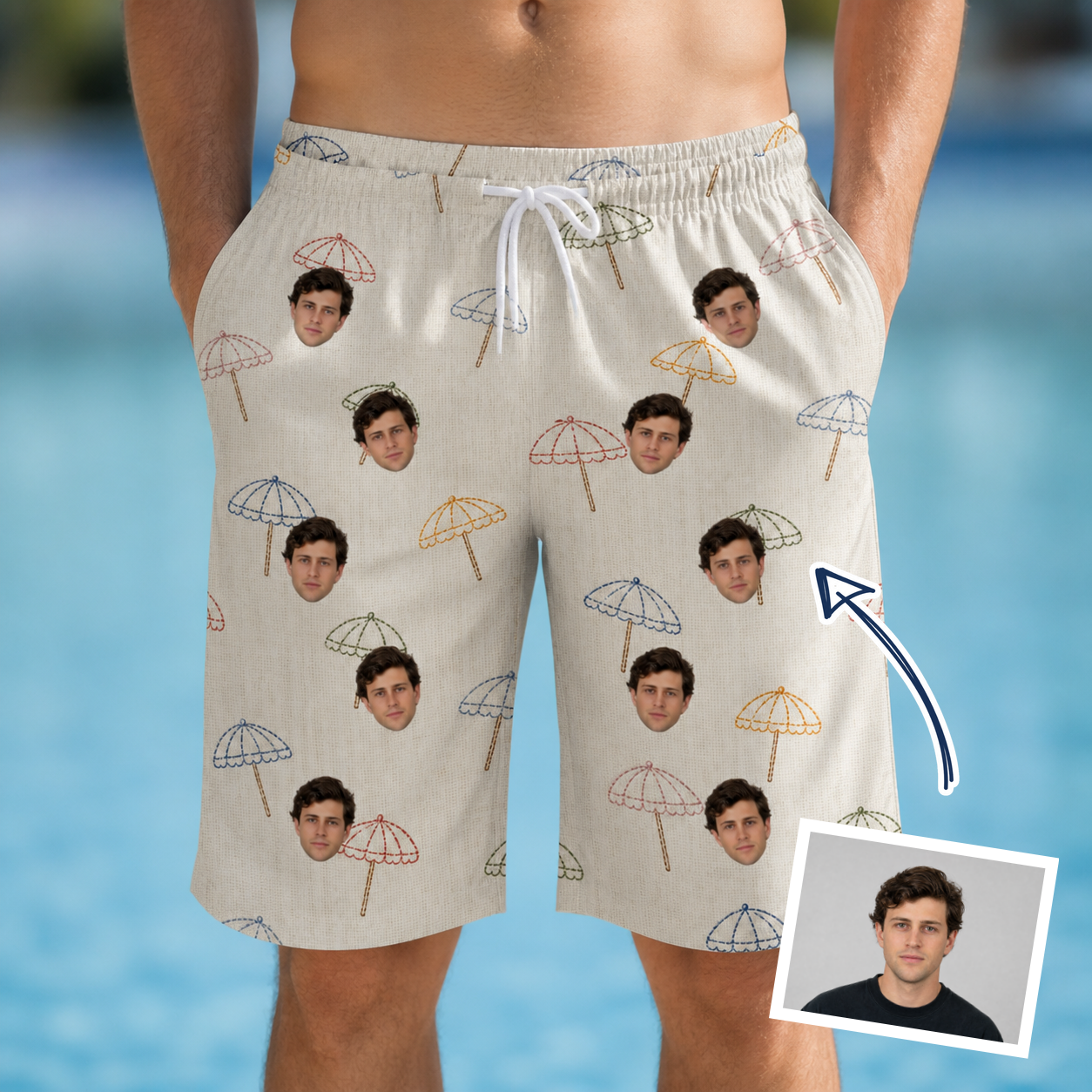 Man wearing Men's Parasol Pals Custom Face Beach Shorts — custom faces printed all-over
