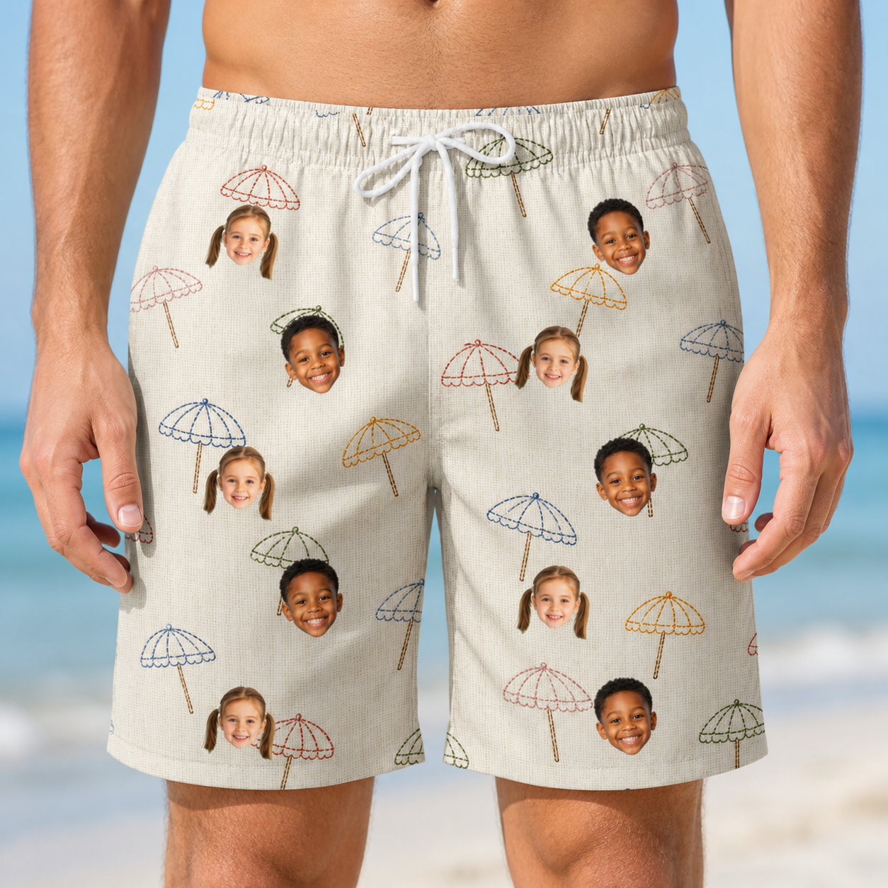 Model wearing Men's Parasol Pals Custom Face Beach Shorts printed with kids' faces