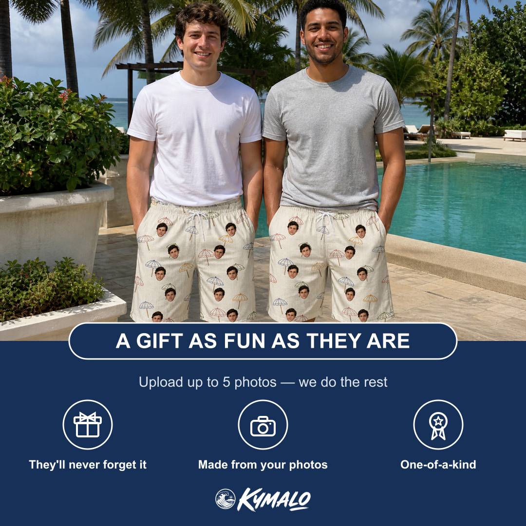 Friends in matching Men's Parasol Pals Custom Face Beach Shorts — a group gift photo