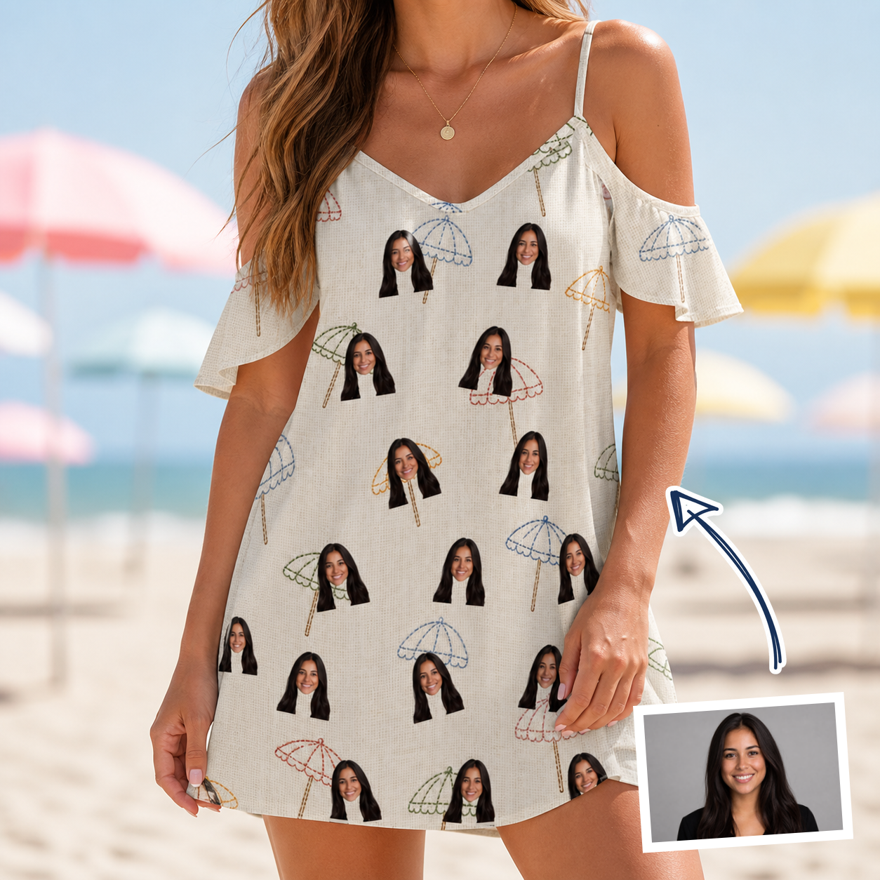 Woman wearing Women's Parasol Pals Custom Face Off-Shoulder Dress — custom faces printed all-over