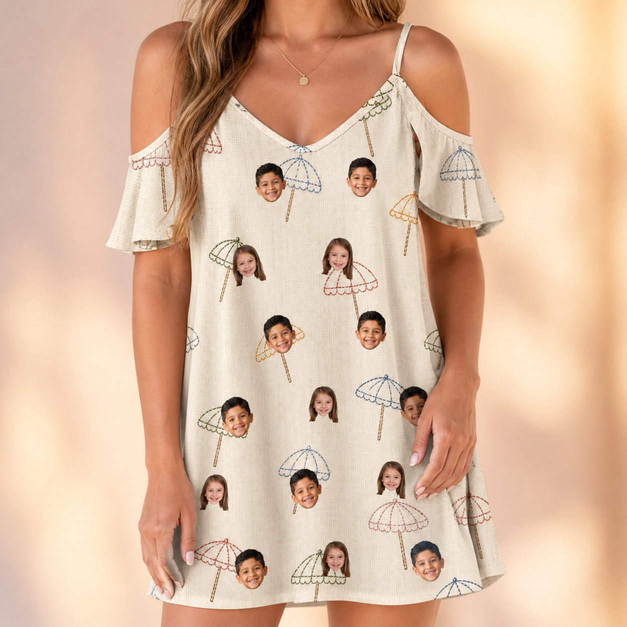 Model wearing Women's Parasol Pals Custom Face Off-Shoulder Dress printed with kids' faces