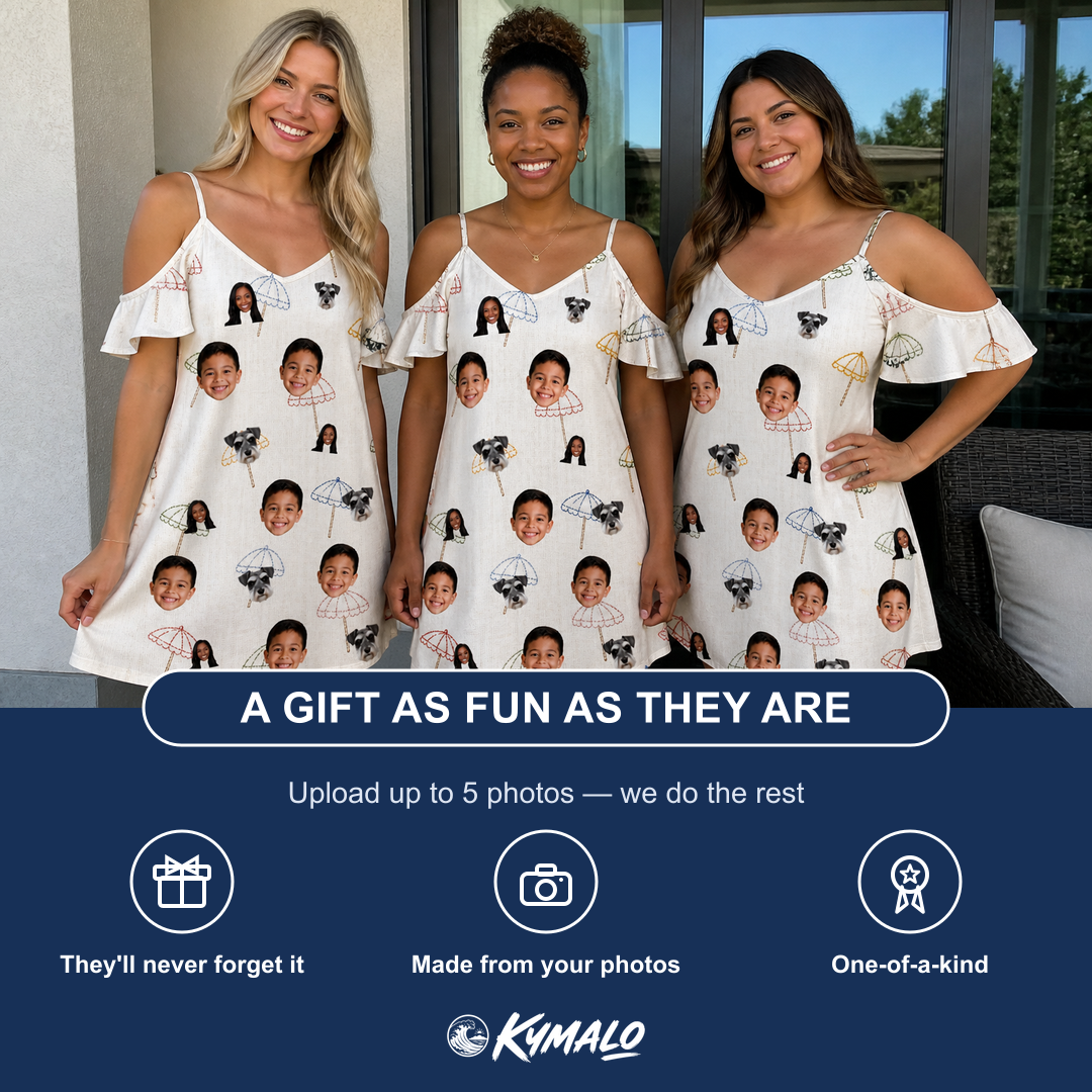 Friends in matching Women's Parasol Pals Custom Face Off-Shoulder Dress — a group gift photo