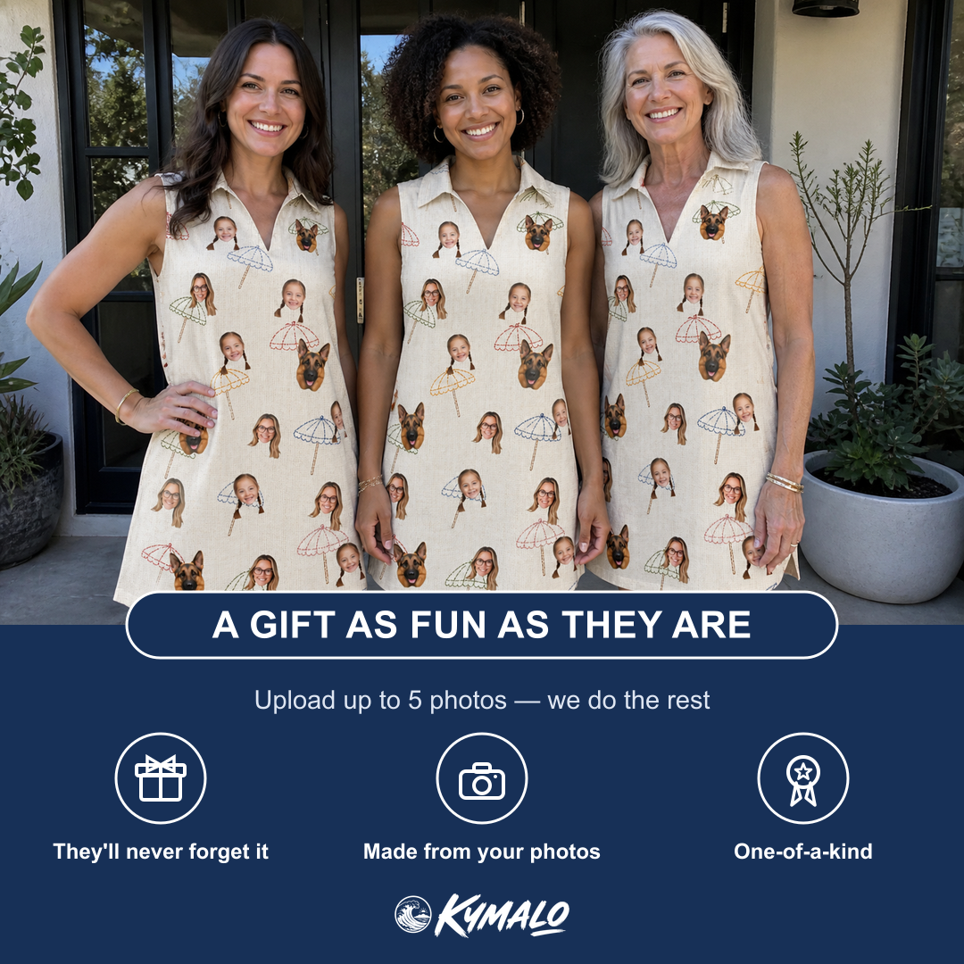 Friends in matching Women's Parasol Pals Custom Face V-Neck Dress — a group gift photo