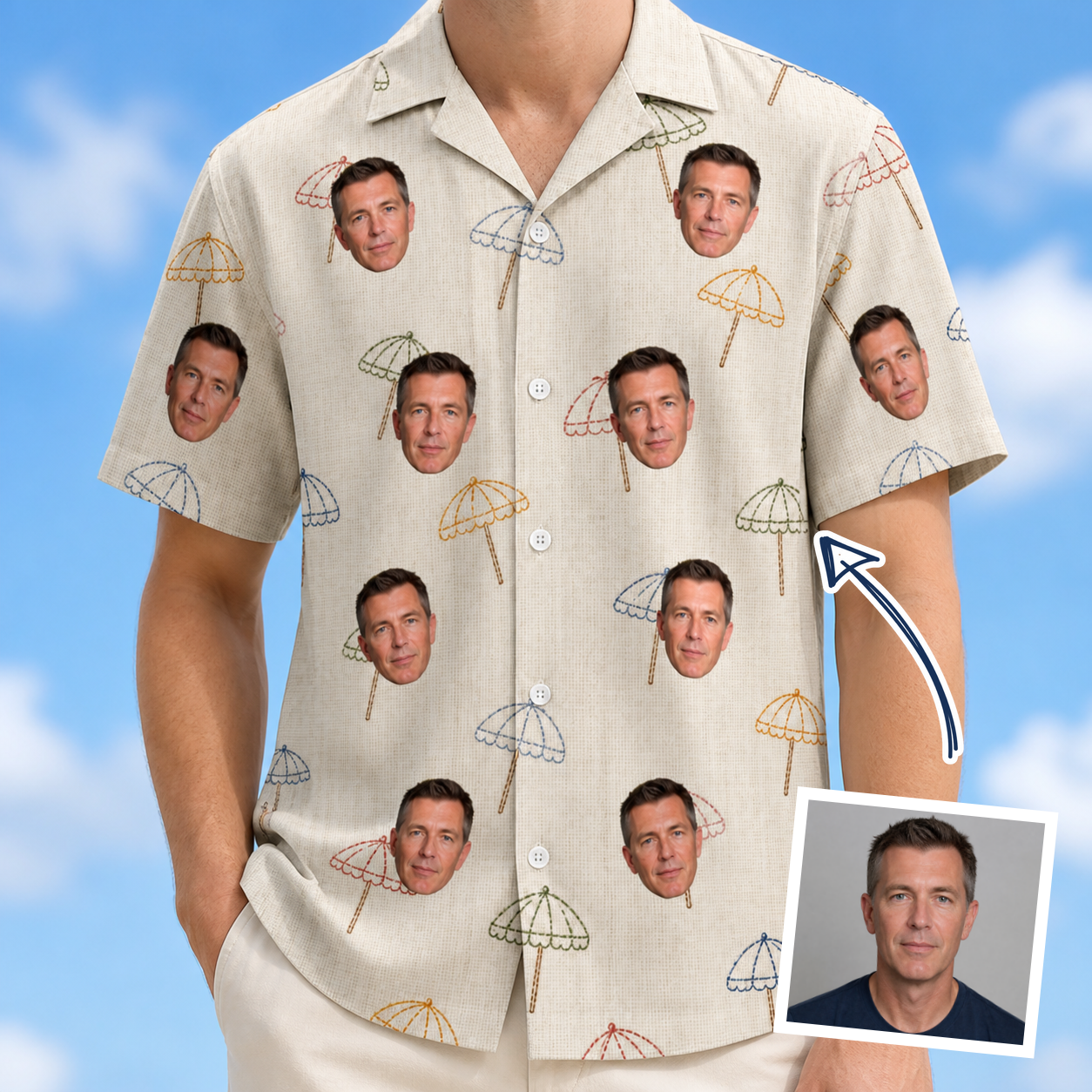 Man wearing Men's Parasol Pals Custom Face Hawaiian Shirt — custom faces printed all-over
