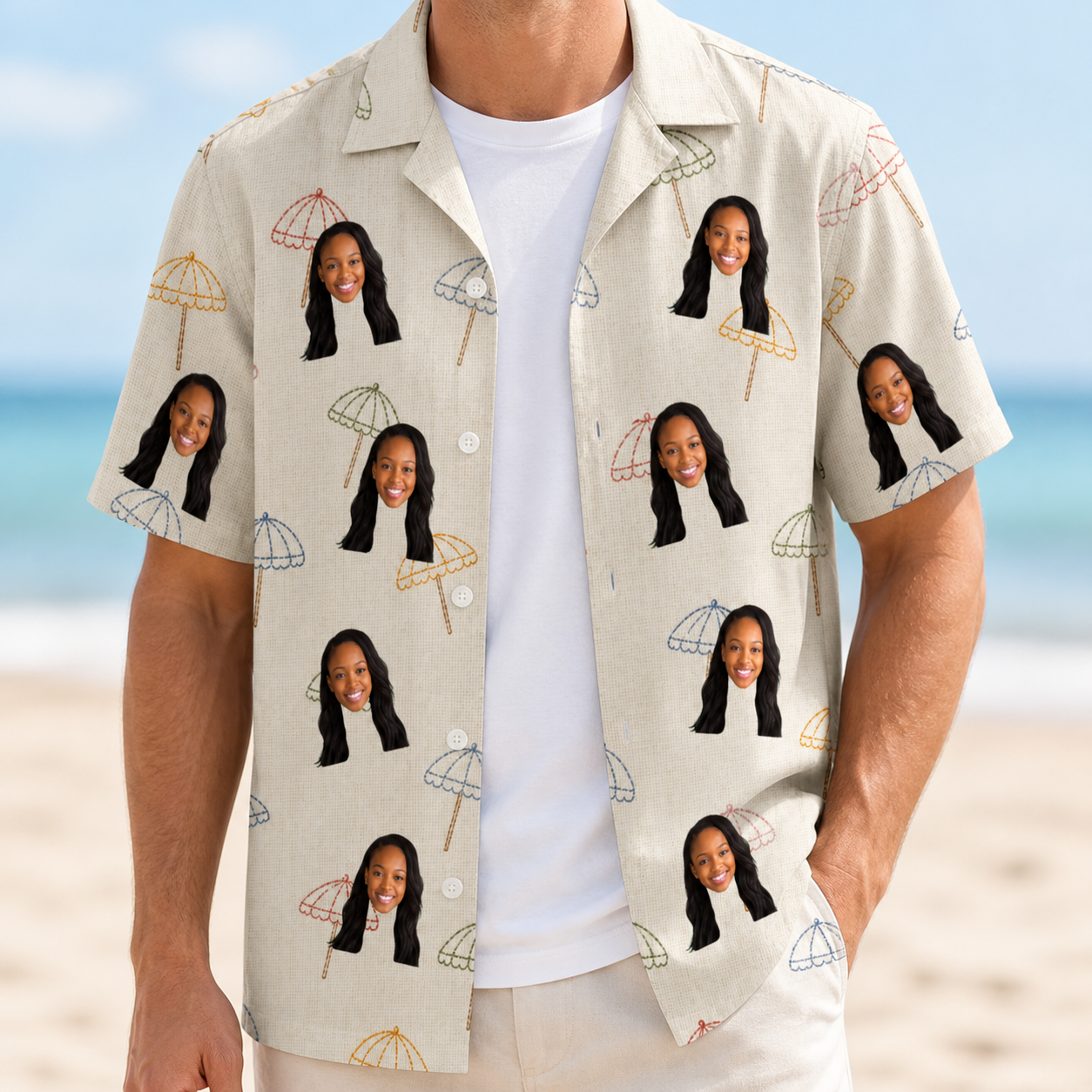 Man wearing Men's Parasol Pals Custom Face Hawaiian Shirt open over a white tee