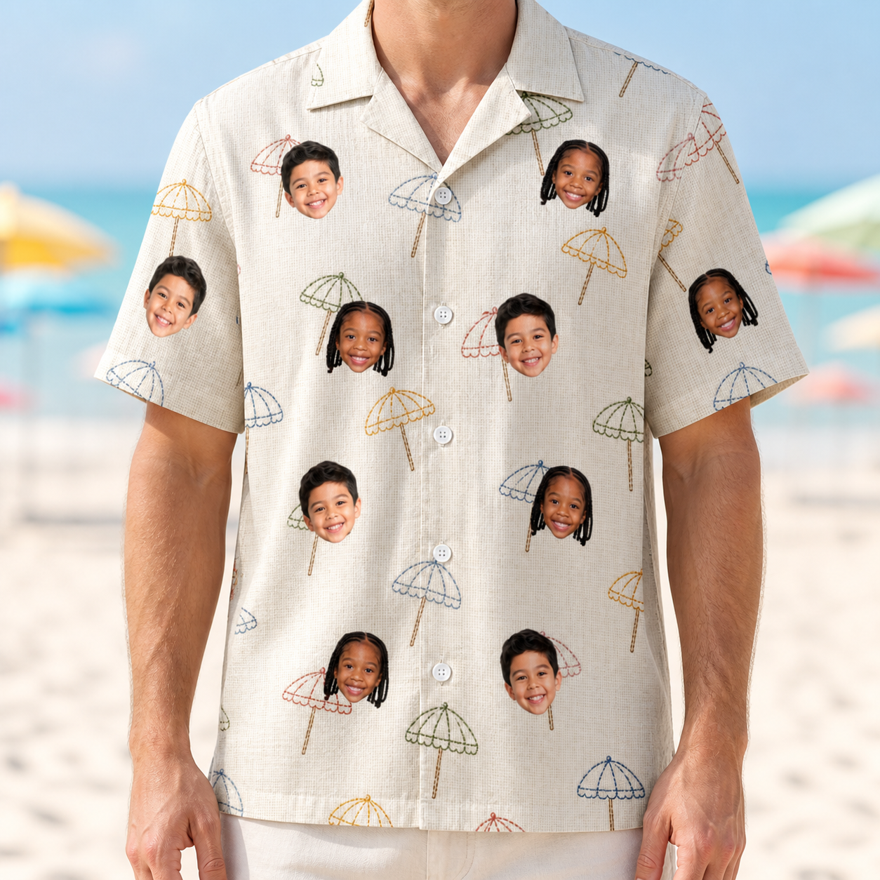 Model wearing Men's Parasol Pals Custom Face Hawaiian Shirt printed with kids' faces