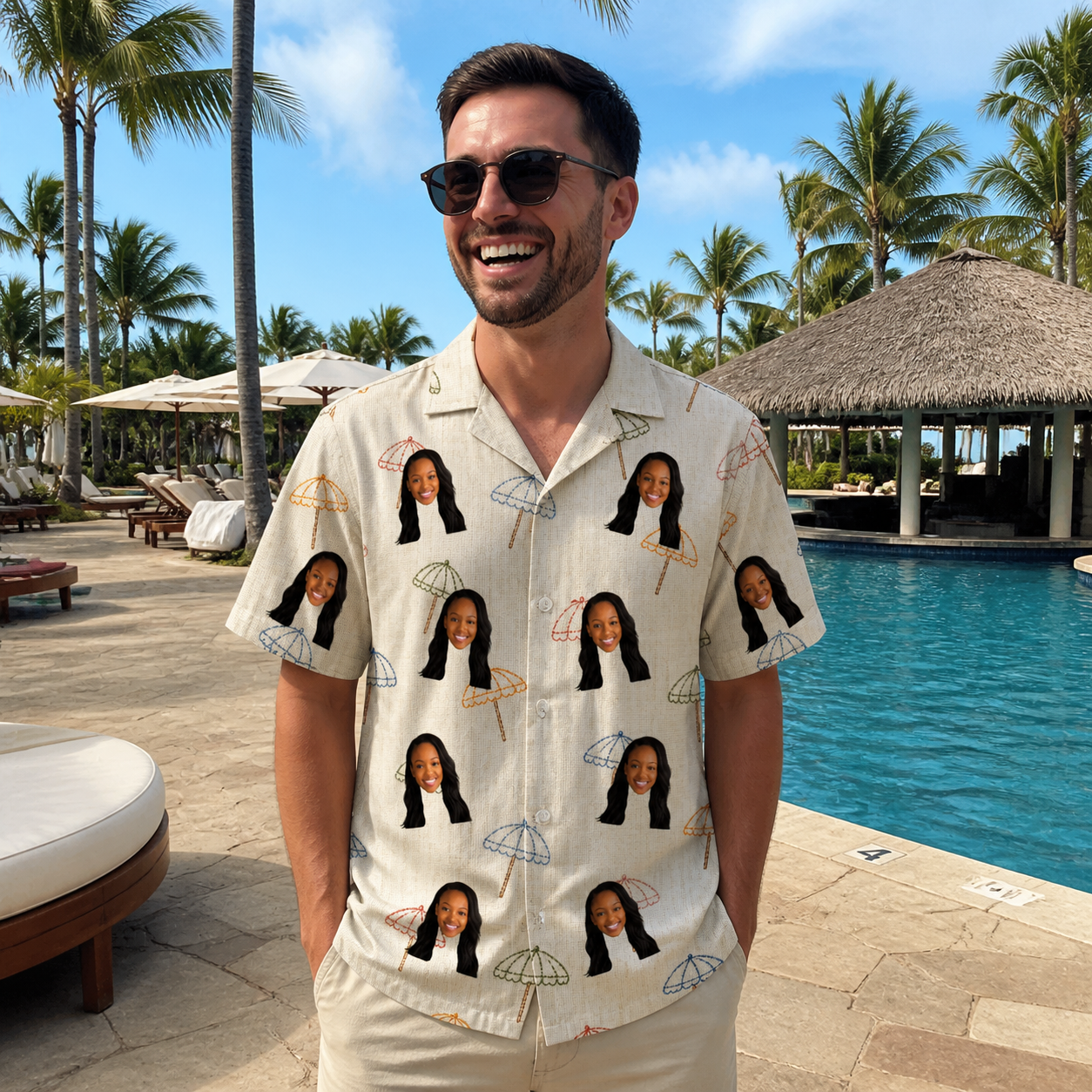 Real-life photo of someone wearing Men's Parasol Pals Custom Face Hawaiian Shirt — custom faces printed all-over