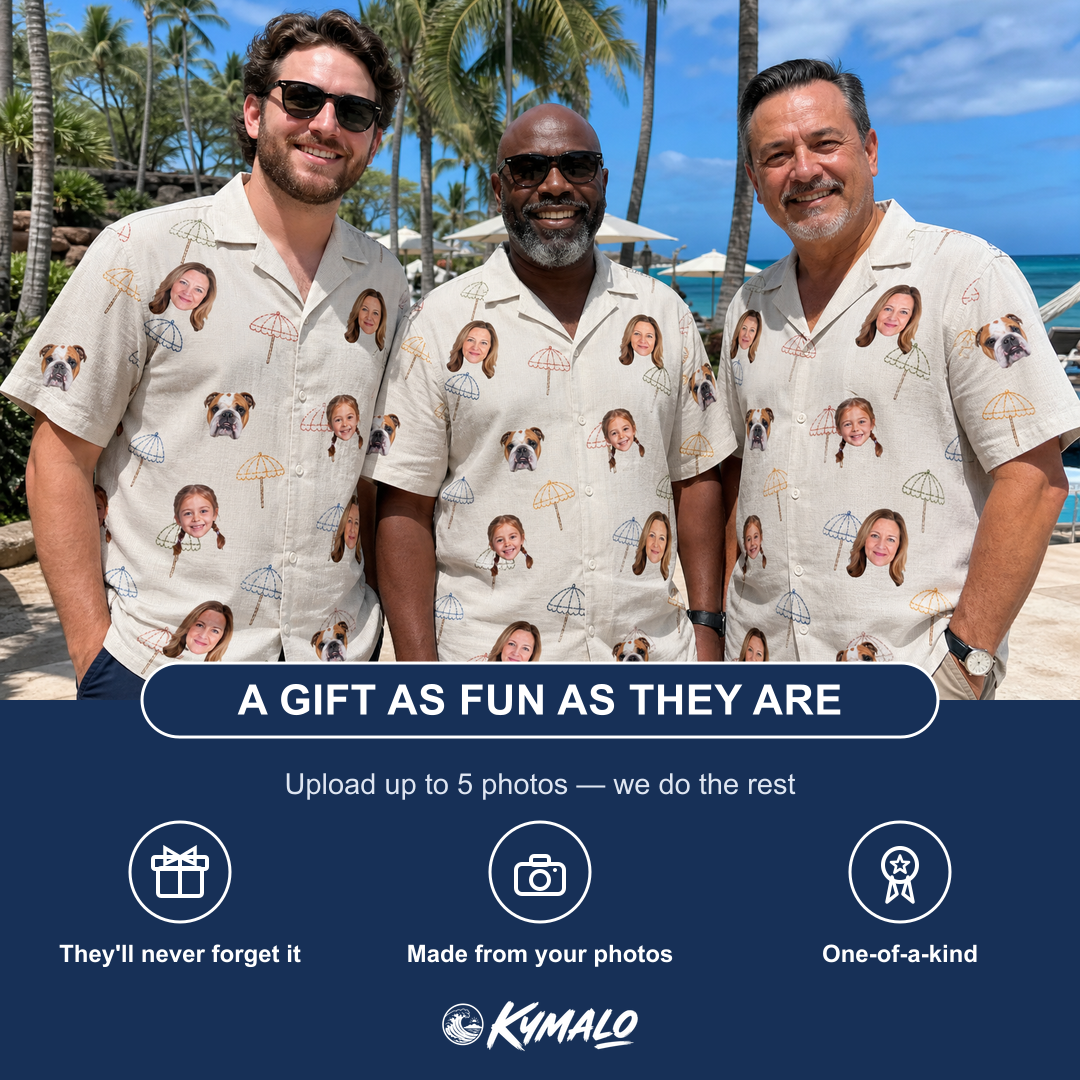 Friends in matching Men's Parasol Pals Custom Face Hawaiian Shirt — a group gift photo
