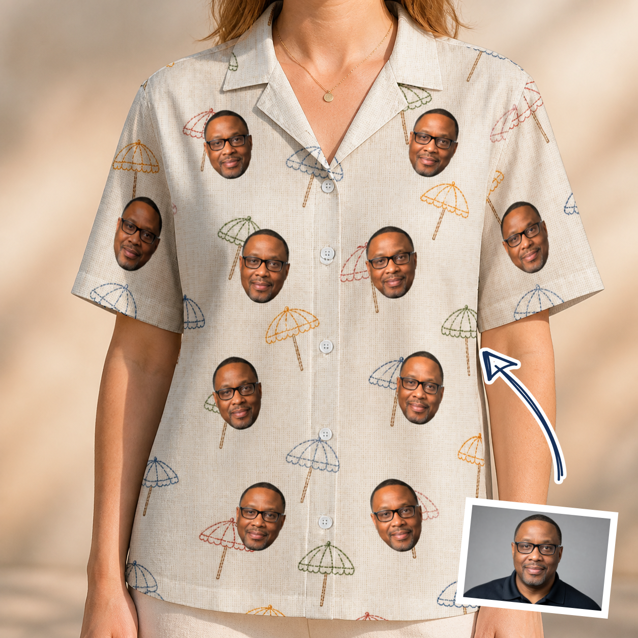 Woman wearing Women's Parasol Pals Custom Face Hawaiian Shirt — custom faces printed all-over