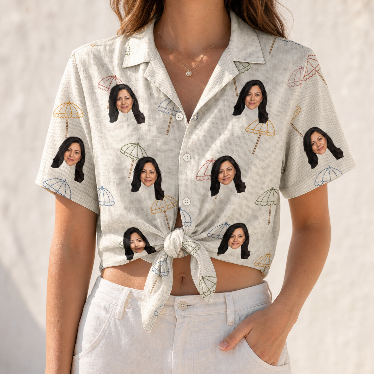 Woman wearing Women's Parasol Pals Custom Face Hawaiian Shirt tied at the waist