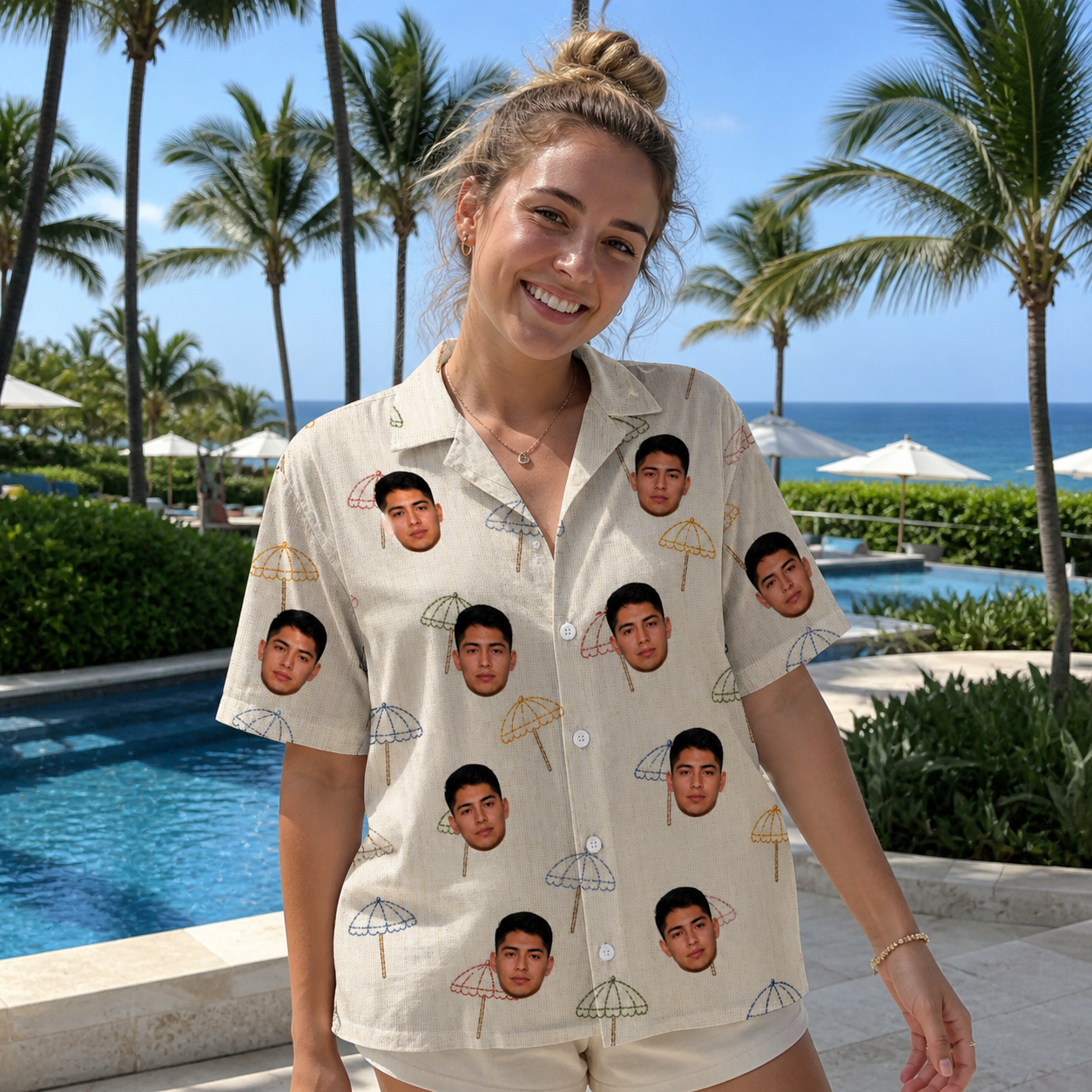 Real-life photo of someone wearing Women's Parasol Pals Custom Face Hawaiian Shirt — custom faces printed all-over