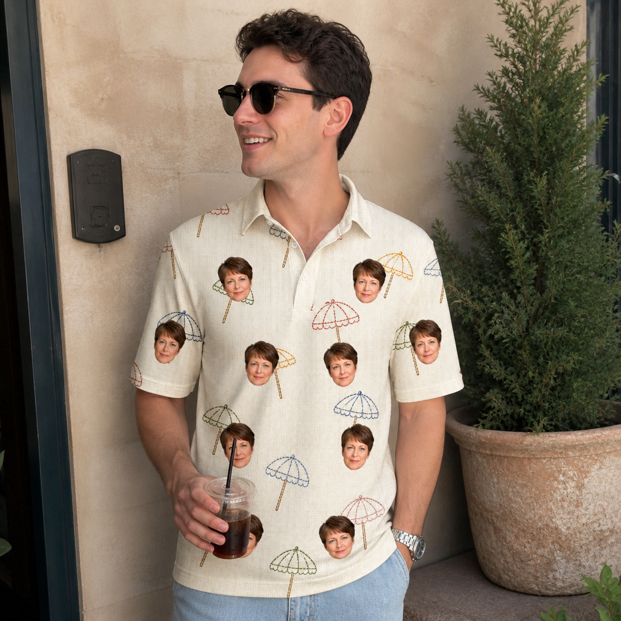 Real-life photo of someone wearing Men's Parasol Pals Custom Face Polo Shirt — custom faces printed all-over