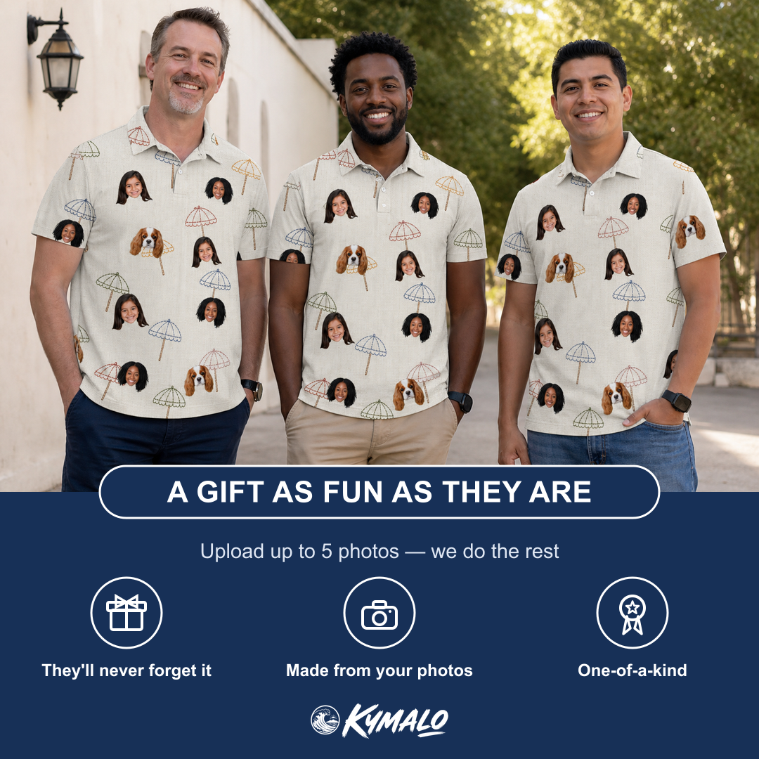 Friends in matching Men's Parasol Pals Custom Face Polo Shirt — a group gift photo
