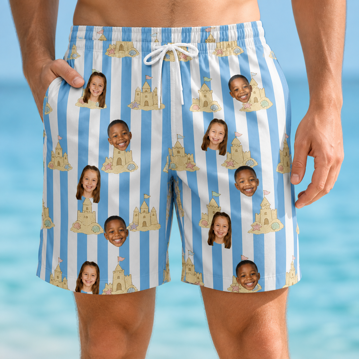 Model wearing Men's Sandcastle Safari Custom Face Beach Shorts printed with kids' faces