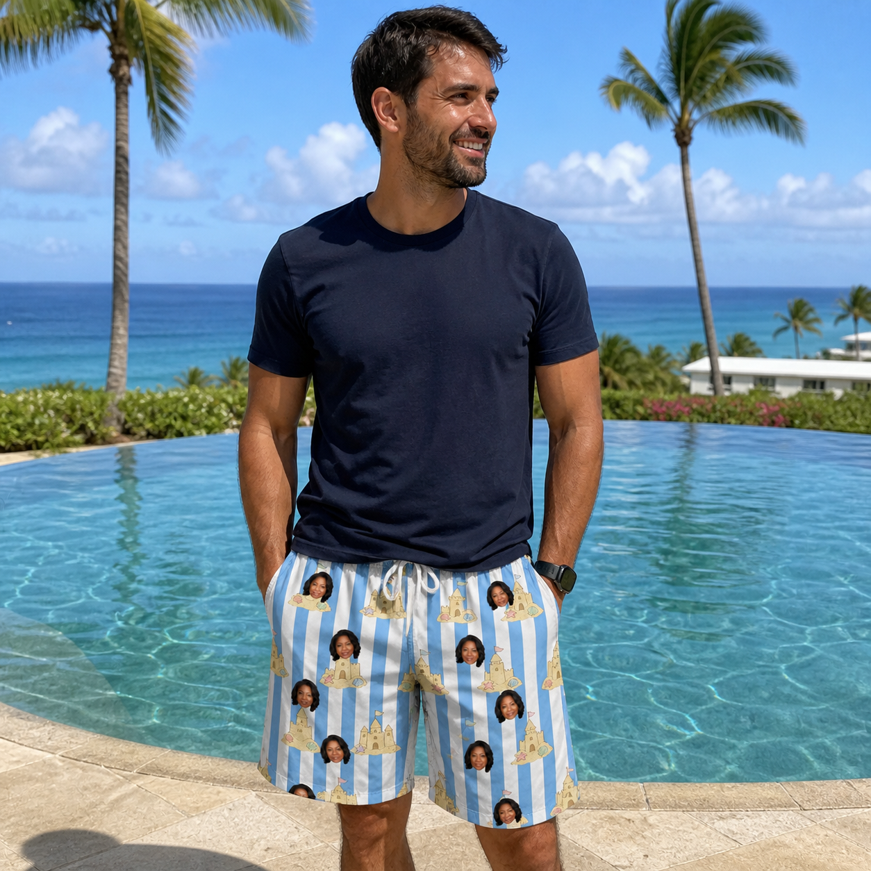Real-life photo of someone wearing Men's Sandcastle Safari Custom Face Beach Shorts — custom faces printed all-over