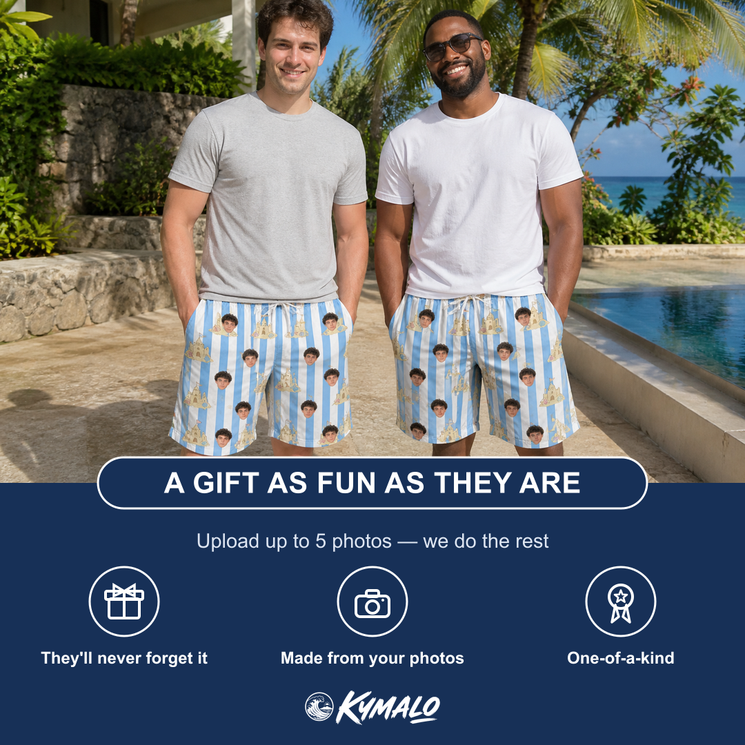Friends in matching Men's Sandcastle Safari Custom Face Beach Shorts — a group gift photo