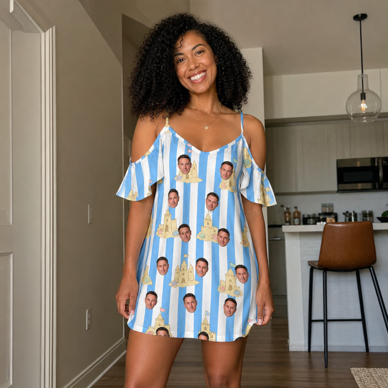 Real-life photo of someone wearing Women's Sandcastle Safari Custom Face Off-Shoulder Dress — custom faces printed all-over