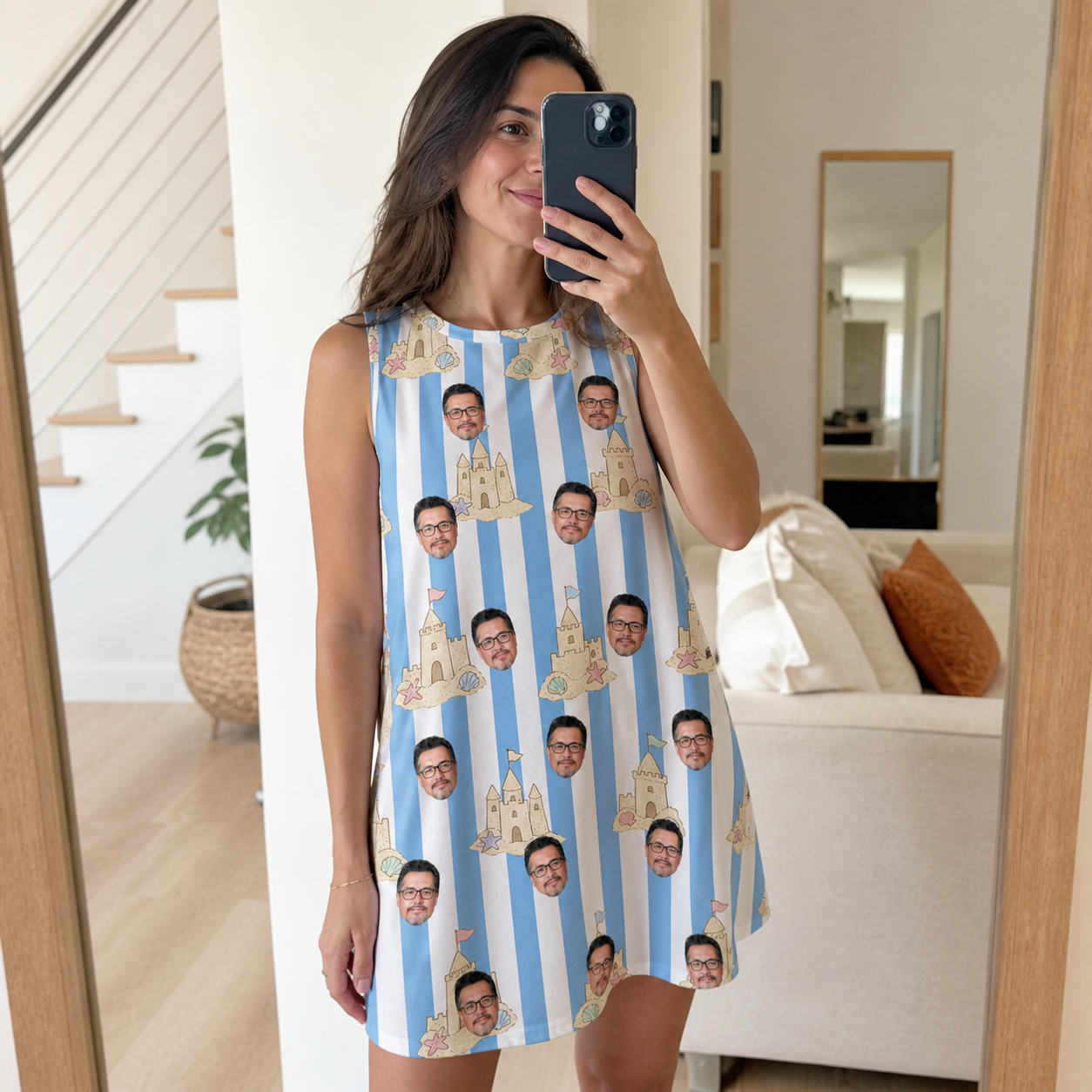 Real-life photo of someone wearing Women's Sandcastle Safari Custom Face Tank Dress — custom faces printed all-over