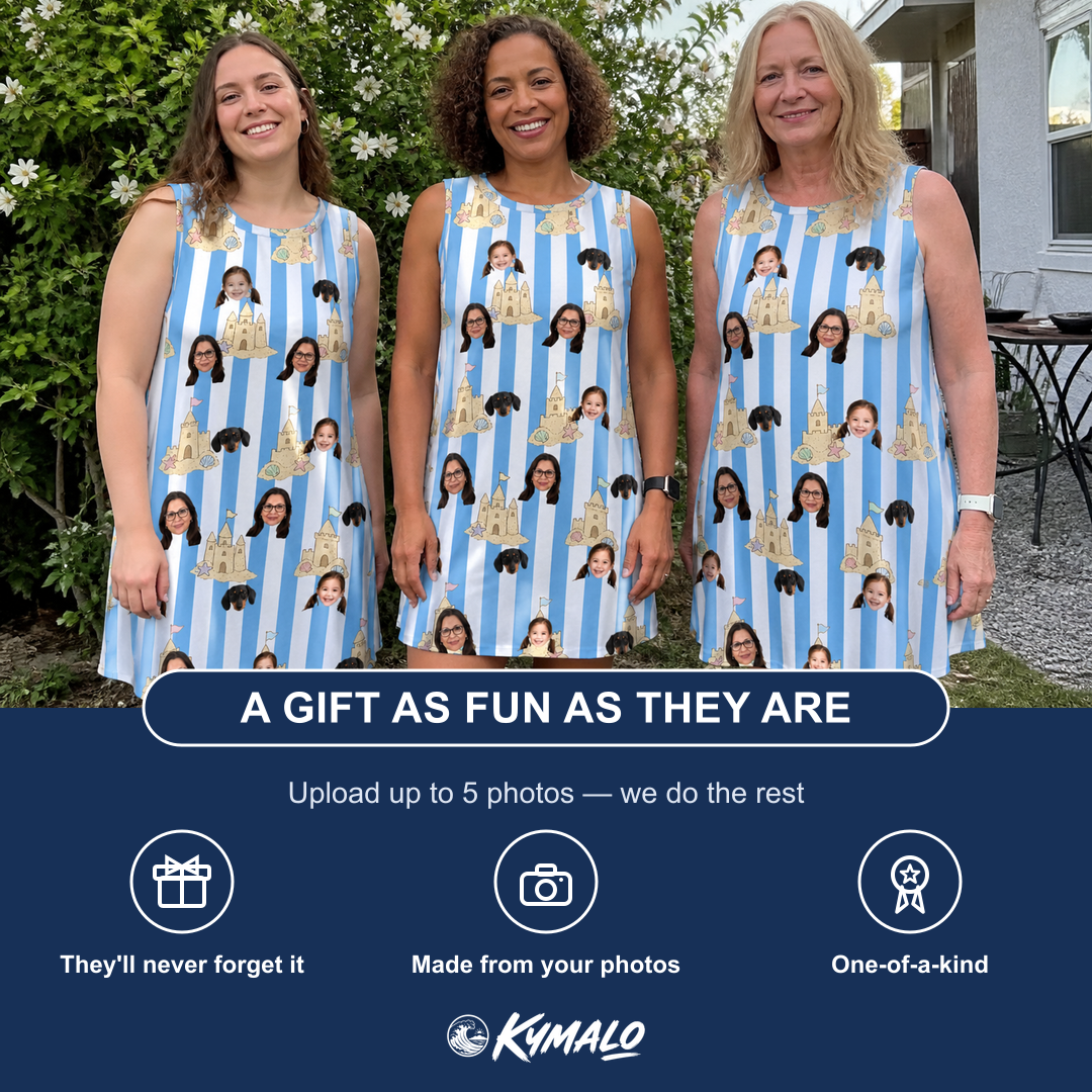 Friends in matching Women's Sandcastle Safari Custom Face Tank Dress — a group gift photo