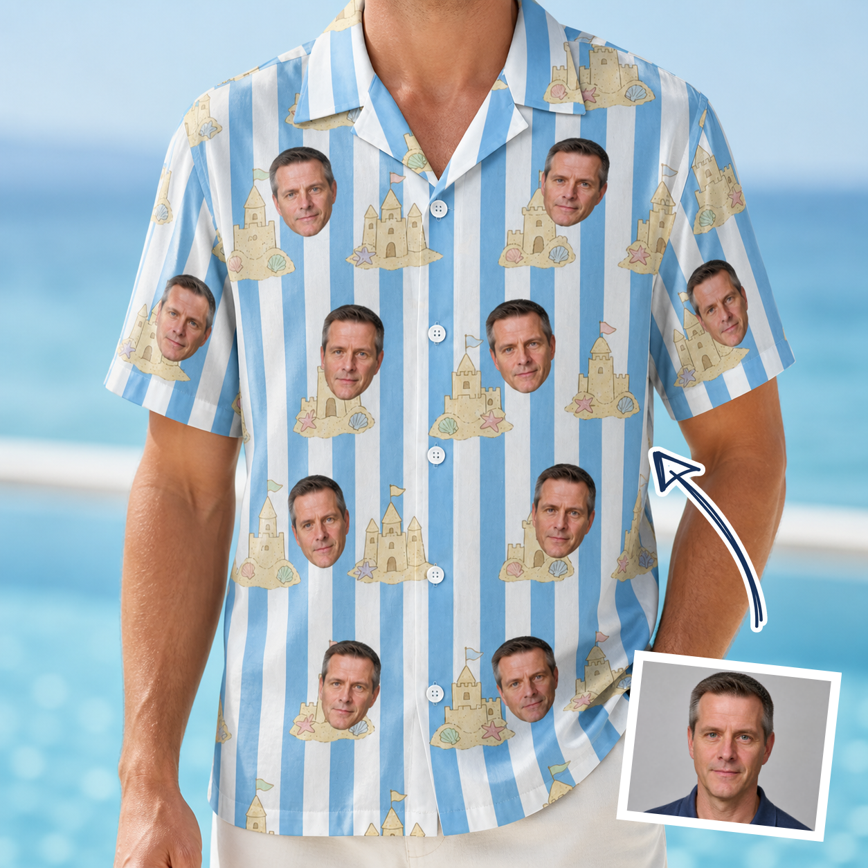 Man wearing Men's Sandcastle Safari Custom Face Hawaiian Shirt — custom faces printed all-over