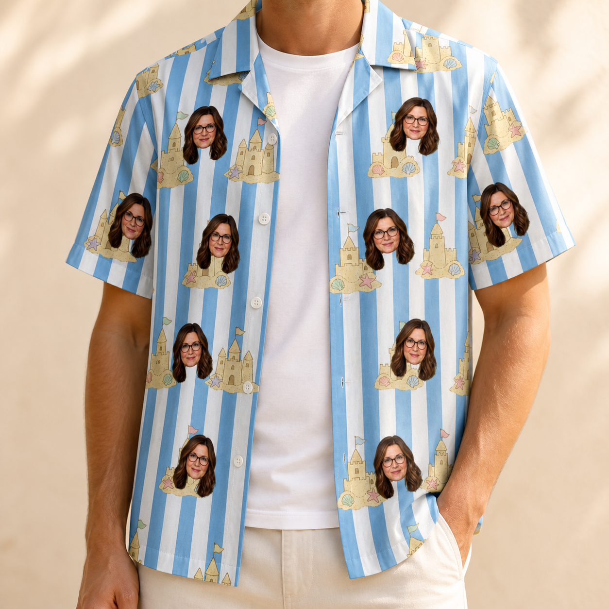 Man wearing Men's Sandcastle Safari Custom Face Hawaiian Shirt open over a white tee